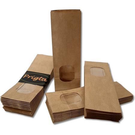 Prigta - Papieren zakjes / blokbodemzakjes XS - met venster - 25 stuks - 7x4x20 cm - uitdeelzakjes papier - bruin kraft