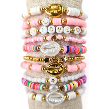 Katsuki kralenpakket voor armbanden – Ibiza-mix, Roze en Wit – 4 mm Rocailles Roze en wit – Gouden kraaltjes – Kauri schelpen – Zelf sieraden maken voor kinderen en volwassenen – DIY