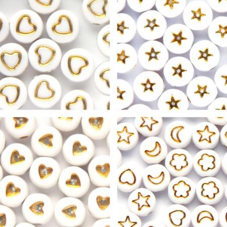 Symbolenkralen set – Hartjes – Sterretjes – Symbolen – Unieke mix 200 stuks – Wit/Goud – 7mm kraal – Past bij letterkralen set – Zelf sieraden maken voor kinderen en volwassenen – DIY