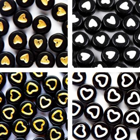 Symbolenkralen set – Hartjes – Unieke mix 200 stuks – Zwart/Goud – Zwart/Wit – 7mm kraal – Past bij letterkralen set – Zelf sieraden maken voor kinderen en volwassenen – DIY