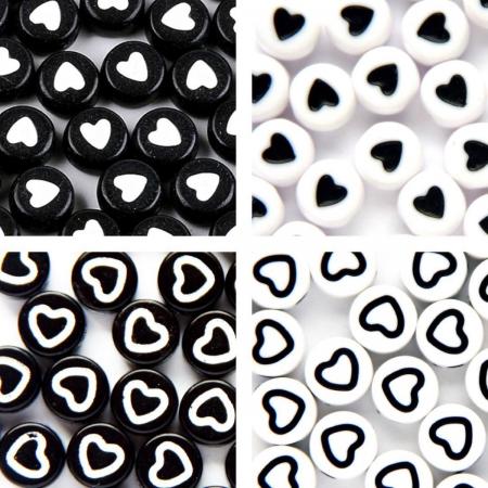 Symbolenkralen set – Hartjes – Unieke mix 200 stuks – Zwart/Wit – Wit/Zwart – 7mm kraal – Past bij letterkralen set – Zelf sieraden maken voor kinderen en volwassenen – DIY