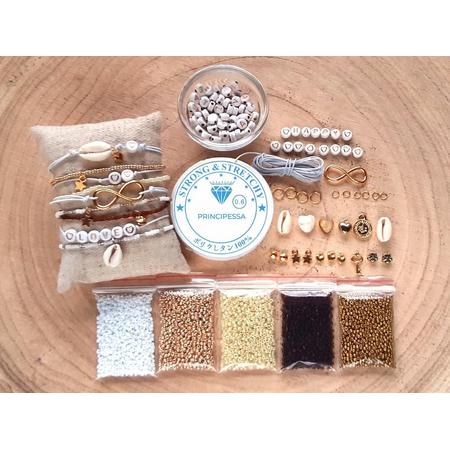 Zelf sieraden maken kralen pakket - Armbandjes - 2mm kraal met letterkralen, connector en gekleurd elastiek - Goud, mat oker, bruin, ivoor - Kinderen en volwassen - DIY