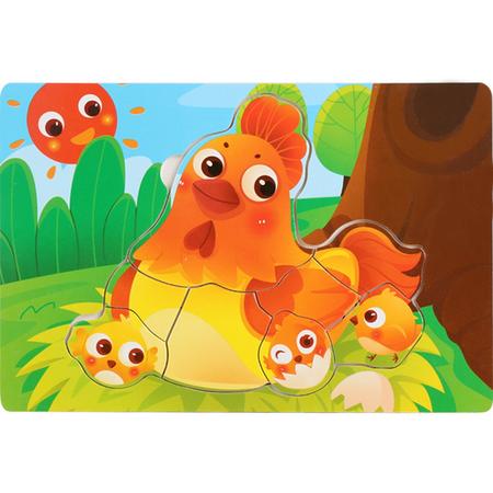 Baby - Kinder - Dieren - Puzzel - Hout - Kip - Kuikentjes - 0-4 jaar - Tekenen/Schilderen - Formaat Puzzel: 22 cm x 15 cm x 0.5 cm