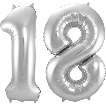 Ballon Cijfer 18 Jaar Zilver 86Cm Verjaardag Feestversiering Met Rietje
