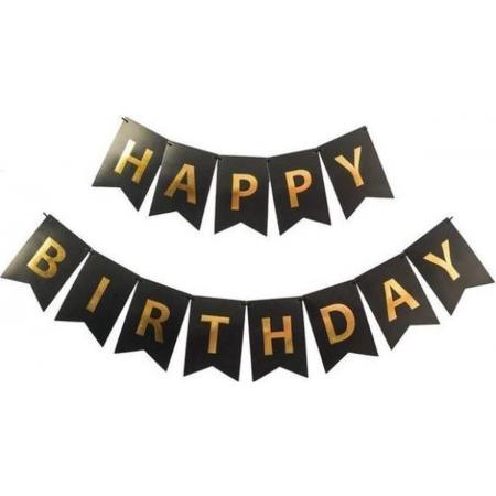 Happy Birthday Slinger Verjaardag Versiering Feest Versiering Verjaardag Slinger Zwart & Goud Decoratie – 1 Stuk