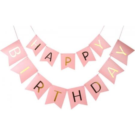 Happy Birthday Slinger Verjaardag Versiering Feest Versiering Verjaardag Slingers Roze & Goud Decoratie – 1 Stuk