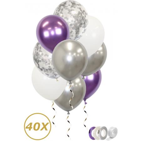 Zilveren Ballonnen Confetti Verjaardag Versiering Helium Ballonnen Feest Versiering Paars Wit Decoratie – 40 Stuks