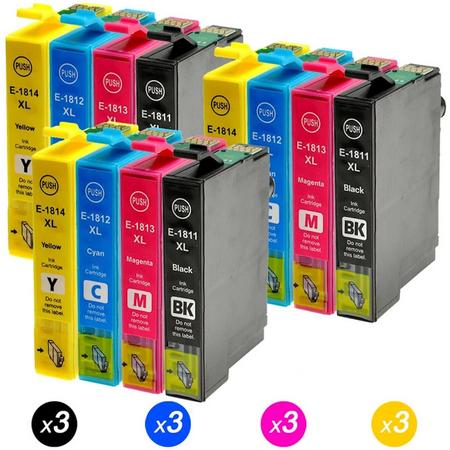 12 Compatible voor Epson 18XL Inktcartridges (T1811 T1812 T1813 T1814) Compatibel voor Epson XP-202 XP-305 XP-415 XP-412 XP-215 XP-312 XP-212 XP-102 (3 zwart, 3 cyaan, 3 magenta, 3 geel)