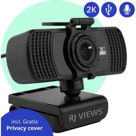 RJ Views Webcam 2k en 4MP voor PC  Ingebouwde Microfoon & Webcam Cover - High End - Werk & Thuis - USB-Plug&Play - Zwart - Windows & Mac - Webcam voor laptop - 1440p -