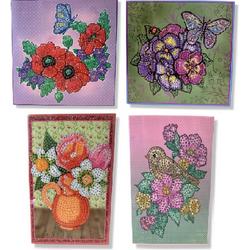 Cards & Crafts - Diamond Painting kaarten - Wenskaarten Set van 4 bloemen kaarten - Hobbypakket - volledig Diamond painting pakket