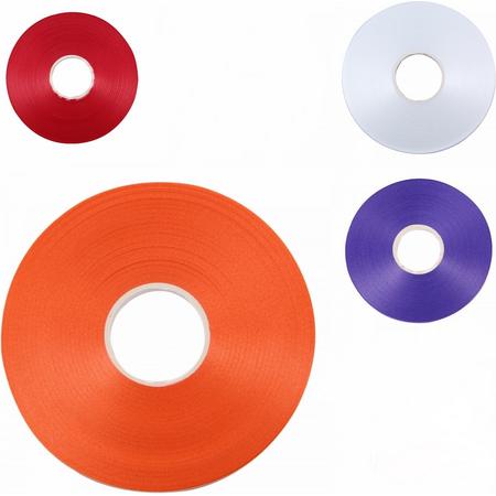 4 Platte rollen cadeaulint/krullint/ballonlint - 5 mm. - 50 meter - Rood/Wit/Blauw/Oranje - In blisterverpakking