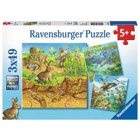 Ravensburger puzzel Dieren in hun leefomgeving - Drie puzzels - 49 stukjes - kinderpuzzel