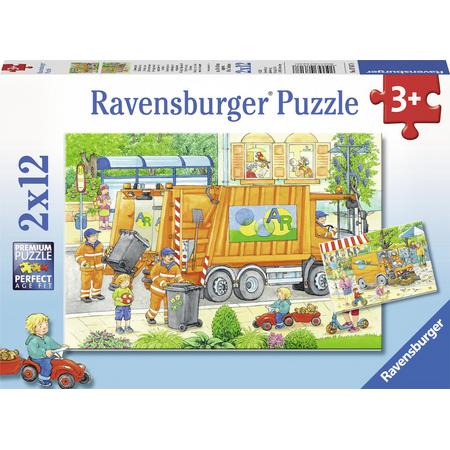 Ravensburger puzzel Onderweg met de vuilniswagen en veegmachine - Twee puzzels - 12 stukjes - kinderpuzzel