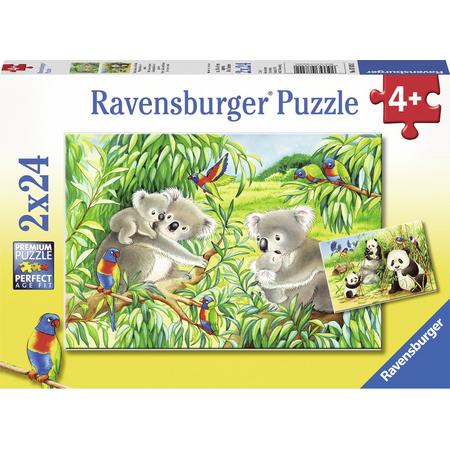 Ravensburger puzzel Schattige koalas en pandas - Twee puzzels - 24 stukjes - kinderpuzzel