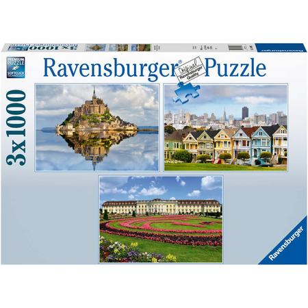 Ravensburger puzzel steden en bouwwerken - 3 x 1000 stukjes Mont St Michel  en het paleis