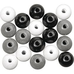 Houten kralen mix - Zwart, wit, grijs - 10mm - 52 stuks - gepolijst