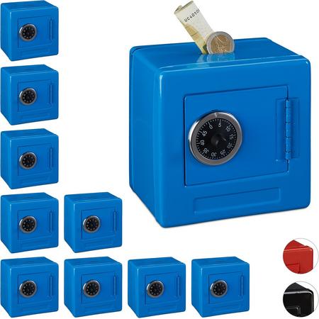 relaxdays 10 x Spaarpot kluis blauw - cijferslot - kinderspaarpot - speelgoed kluis metaal