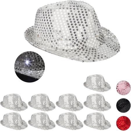 relaxdays 10 x paillette hoed - feesthoed glitter - partyhoed LED - fedora hoed - zilver