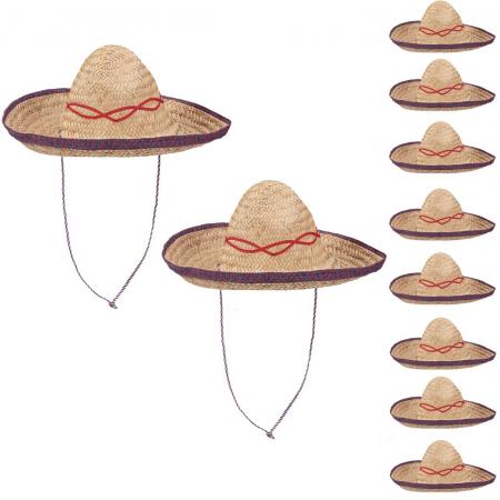 relaxdays 10 x sombrero naturel - gevlochten strohoed - Mexicaanse hoed - carnaval – beige