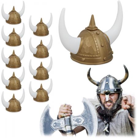 relaxdays 10 x viking helm - gallier helm met horens - hoofddeksel carnaval – goudkleurig