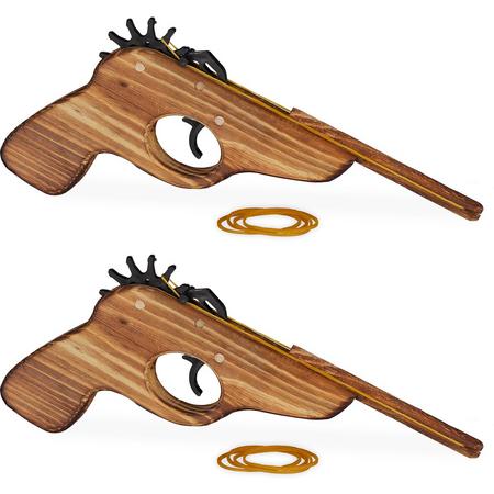 relaxdays 2 x elastiek pistool - geweer - houten pistool - speelgoedpistool - elastiekjes