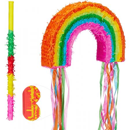 relaxdays 3-delige Pinata set regenboog - pinata stok - blinddoek - rainbow Piñata