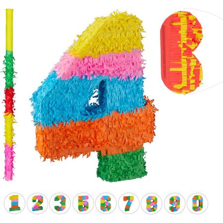 relaxdays 3-delige pinata set - verjaardag - getallen pinata - cijfer 4 - stok - blinddoek