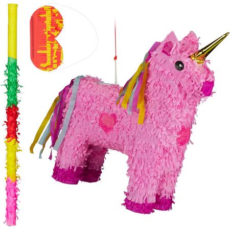 relaxdays 3-delige pinata set eenhoorn roze - pinatastok - blinddoek - unicorn