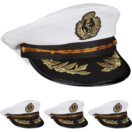 relaxdays 4 x kapiteinspet volwassenen - kapiteins hoed - matrozenhoed wit - carnaval hoed