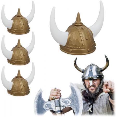 relaxdays 4 x viking helm - gallier helm - met horens - hoofddeksel carnaval – goudkleurig