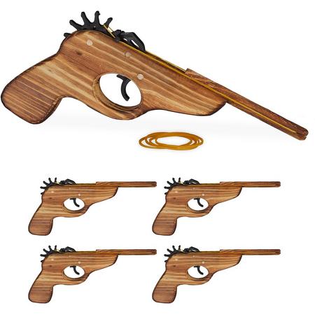 relaxdays 5 x elastiek pistool - geweer - houten pistool - speelgoedpistool - elastiekjes