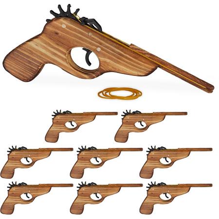 relaxdays 9 x elastiek pistool - geweer - houten pistool - speelgoedpistool - elastiekjes