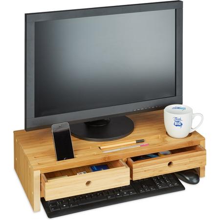 relaxdays Monitor standaard - bamboe - monitor verhoger - 2 opberglad