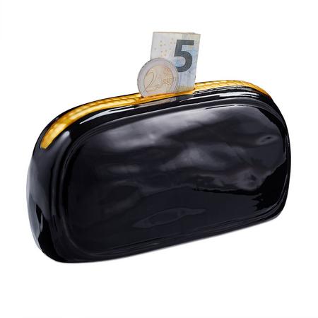 relaxdays Spaarpot portemonnee - spaarvarken - spaarbox - spaarpotje - zwart   goud