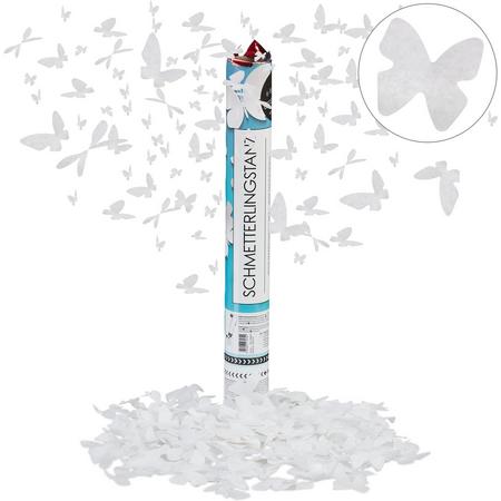 relaxdays confetti kanon groot - party popper bruiloft - 40 cm - vlinder - wit