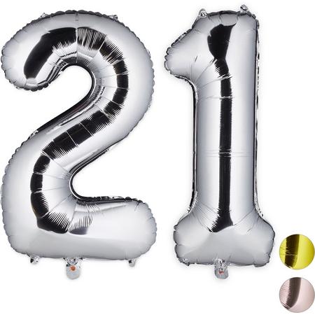 relaxdays folie ballon - cijfer 21 - luchtballon getal - decoratie - grote folieballonnen zilver