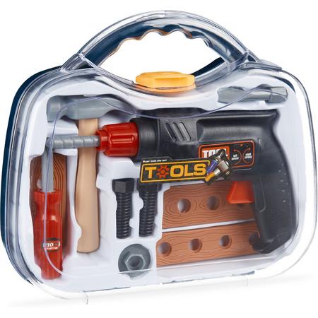 relaxdays gereedschapskoffer kinderen - speelgoed gereedschap - boormachine - hamer