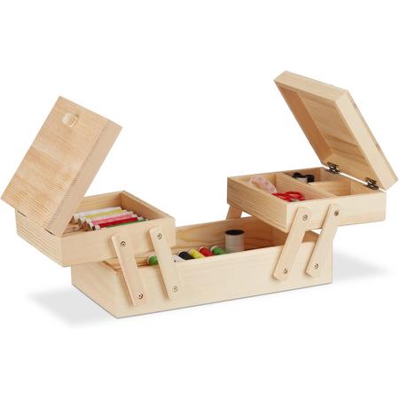relaxdays naaikist hout - naaidoos 5 vakken - compact - natuurlijk - opbergbox leeg