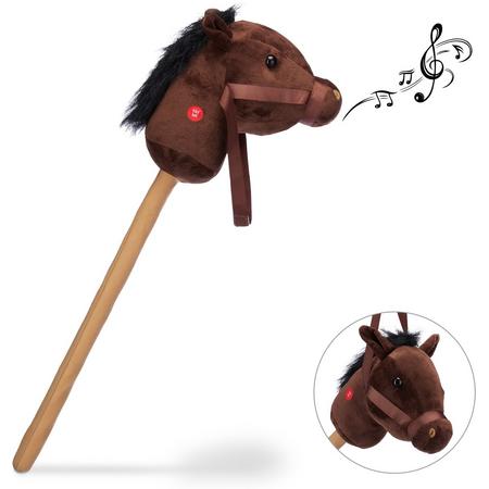 relaxdays stokpaard met geluid - stokpaardje - speelgoed paard op stok - hout - pluche