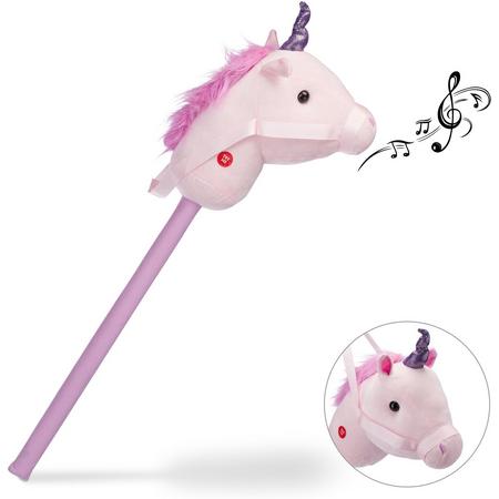 relaxdays stokpaard unicorn - stokpaardje - met geluid - eenhoorn - roze - speelgoed