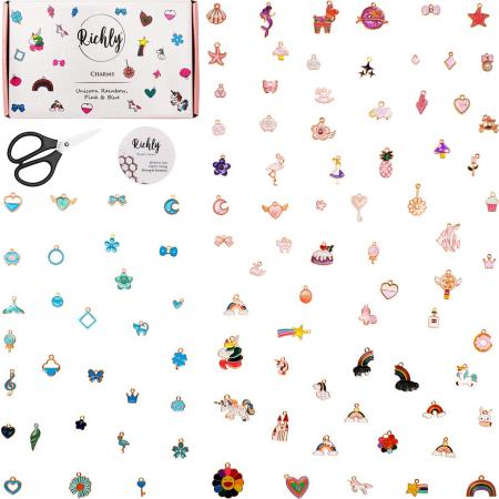 Richly® Bedels - Unicorn, Rainbow, Pink & Blue - 100 stuks incl. schaartje & nylondraad - Bedeltjes voor Sieraden maken - Armbandjes Meisjes - Bedels Armband Kralen