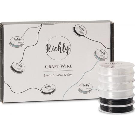 Richly® Elastisch nylondraad - Transparant & Zwart - Kralen - Hobby & knutseldraad - Elastisch draad voor kralen en sieraden maken - Rijgdraad - 6 stuks (Ø0.8mm, 10m)
