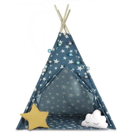 Wigwam Speeltent kinderen – Tipi Tent met raam - Blauw - 120x120x165cm – inclusief gratis Verlichting, Vloerkleed en 2 Kussens