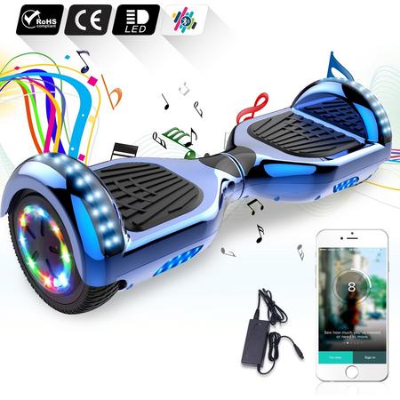 RideOn 6.5 inch Hoverboard met Flits Wielen,Elektrische Zelfbalancerende Scooter,Bluetooth Speaker,LED verlichting - Blauw Chroom