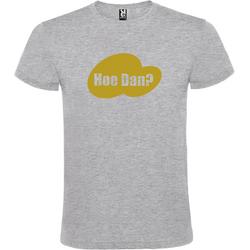 Grijs t-shirt met tekst Hoe Dan?  print Goud size L