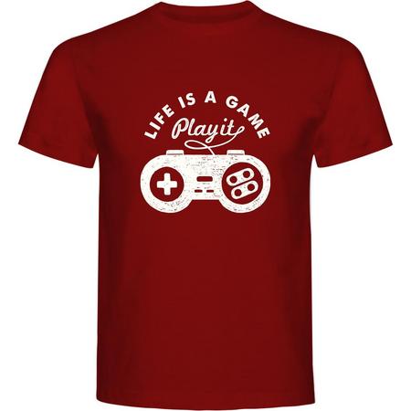 T-Shirt - Casual T-Shirt - Gamer Gear - Gamer Wear - Fun T-Shirt - Fun Tekst - Lifestyle T-Shirt - Gaming - Gamer - Life Is A Game, Play It - Burgundy - M