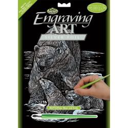 Engraving Art - Graveer kunst Kraskaarten - Kraskaart Zilver – Ijsbeer met 2 welpen - 25.5CM X 20.5CM