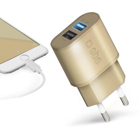 SBS Travel charger 100/250V 2100 fast charge with 2 USB outputs gold color