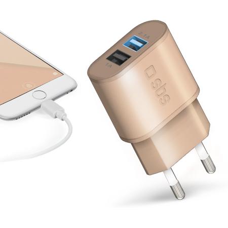 SBS Travel charger 100/250V 2100 fast charge with 2 USB outputs rose gold color