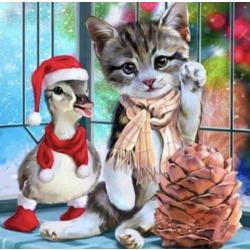 Diamond Painting - Kat en eend vieren kerst - Seos shop